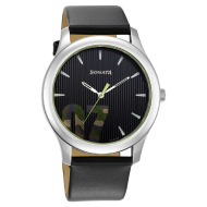 Sonata Quartz Analog Black Dial Leather Strap Watch - Gents