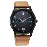 Sonata Quartz Analog Black Dial Leather Strap Watch - Gents