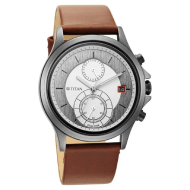 Titan Workwear Silver Dual Time Quartz Leather Strap watch - Gents