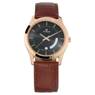 Titan Quartz Analog with Date Black Dial Leather Strap Watch - Gents