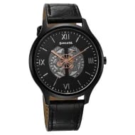 Sonata Unveil Quartz Multifunction Black Dial Leather Strap Watch for Men