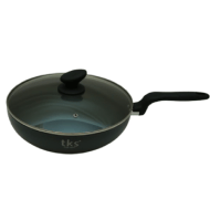 TKS 28cm Wok Long Handle Hard Anodized Material 3mm Thickness Induction Bottom  Glass Lid