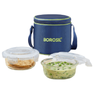 Borosil Blue Glass Lunchbox Round - 400ml x 2