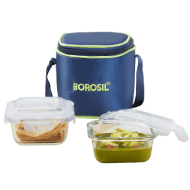 Borosil Blue Glass Lunchbox Square x 2 - Tall 320ml x 2
