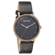 Sonata Quartz Analog Black Dial Black Leather Strap Watch For Women