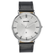 Sonata Quartz Analog with Date Silver Dial Black Leather Strap Watch For Men