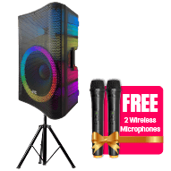 JVC Party Speaker 2000W with 2 Wireless Mics & Tripod + Remote - Black