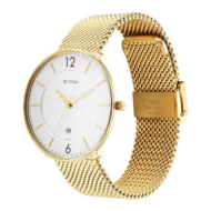 Titan - Black and Gold Collection - Quartz Analog with Date White Dial Golden Stainless Steel Strap Watch for Men