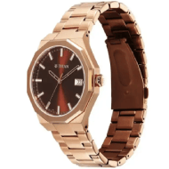 Titan Regalia Dodecagon Quartz Analog with Date Brown Dial Rose Gold Stainless Steel Strap Watch For Men
