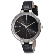SONATA Black Dial Black Leather Strap - Ladies
