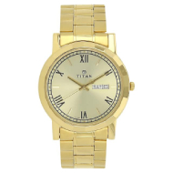 Titan Quartz Analog with Day and Date Champagne Dial Stainless Steel Strap Watch for Men