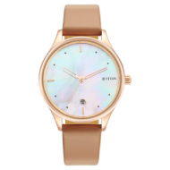 Pastel Dreams Mother Of Pearl Dial Brown Leather Strap Watch - Ladies 
