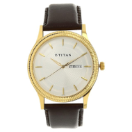 Titan Silver Dial Brown Leather Strap Watch - Gents